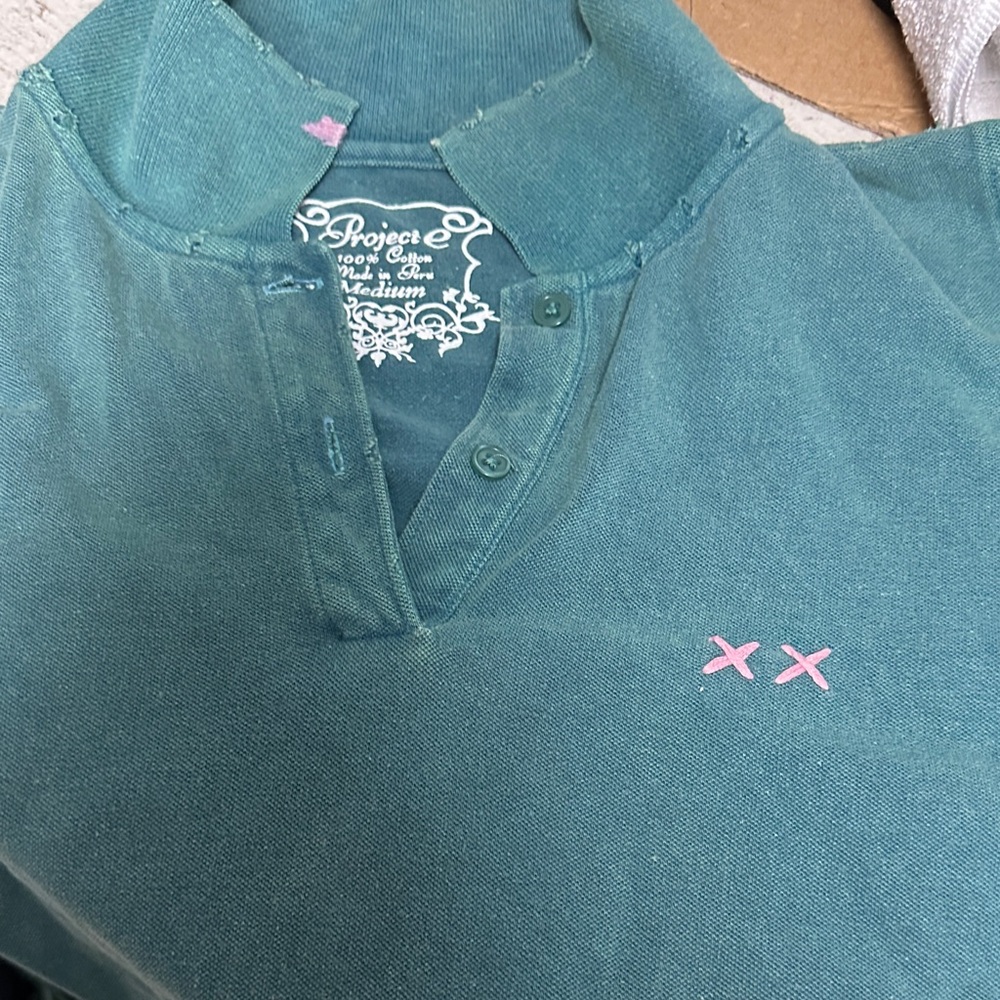 Y/Project Women's Polo in Teal with Pink Embroidery tons of detail